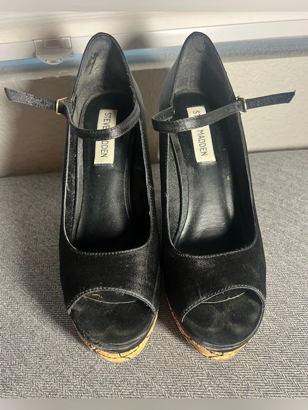 Black Peep-Toe Cork Platform Wedges – Women’s Size 7.5